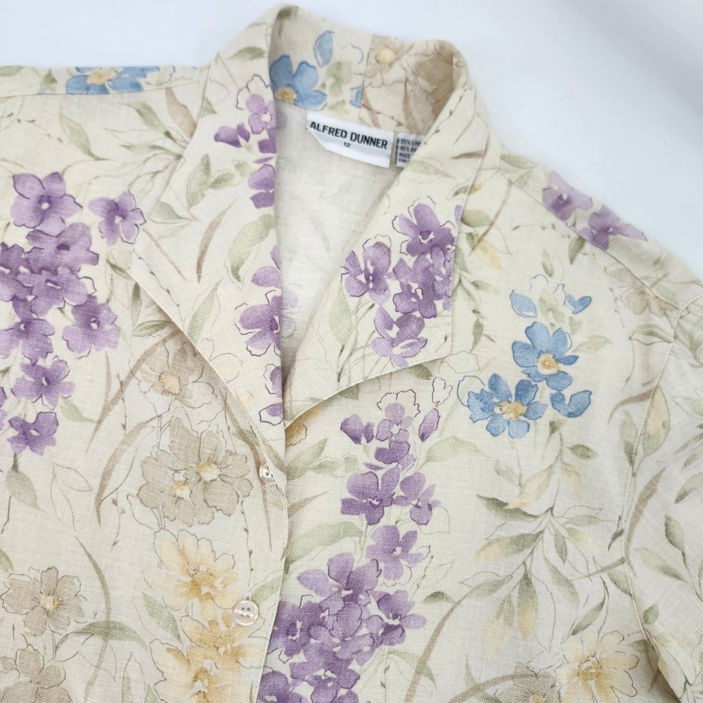 Alfred Dunner Women Beige Floral Linen Blend Top Size 12 Botanical Boho Cottage
